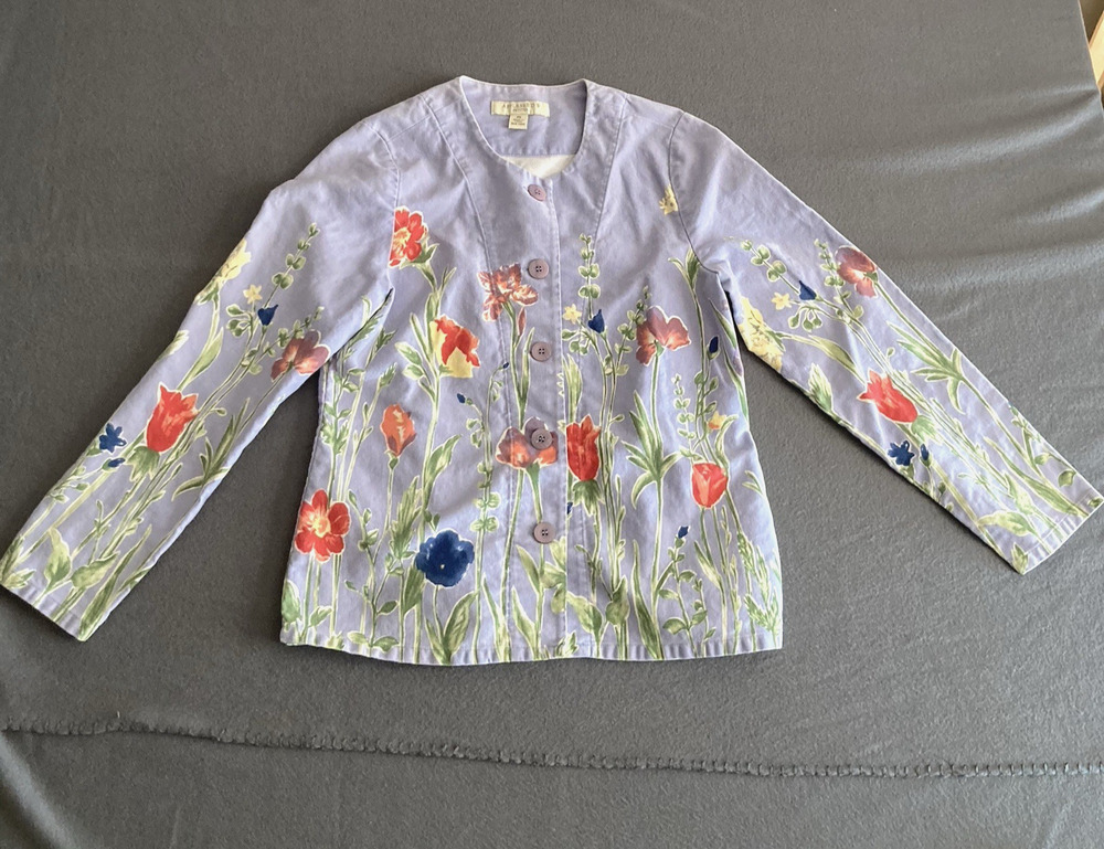 Appleseed's Jacket Blazer Women's Small Petite Periwinkle Floral 100% Cotton